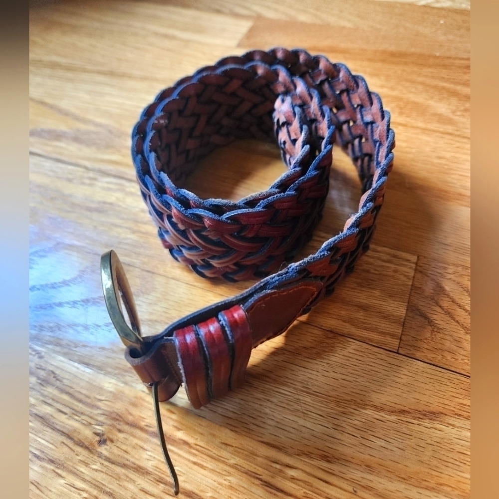 Talbots thick braided brown leather buckle belt size medium